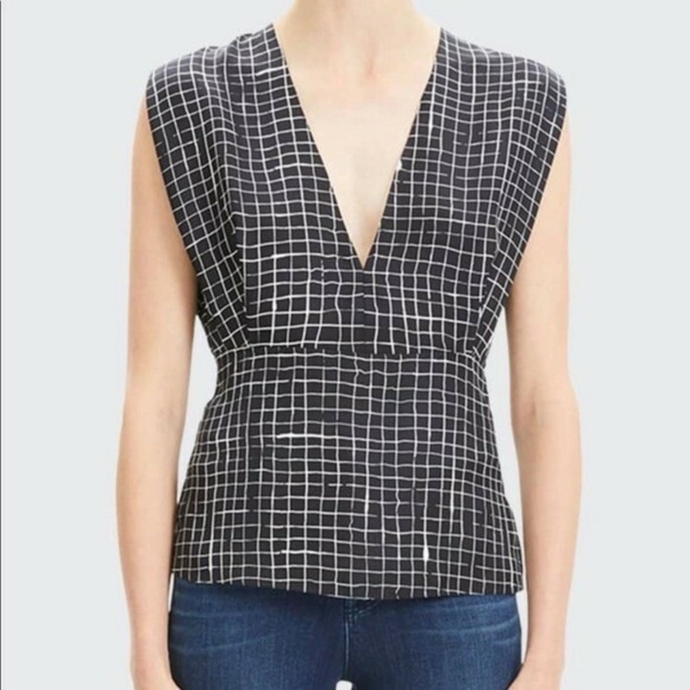 Theory Kimono Pleat Top Neutral Grid Twill Silk V-Neck Blouse Small Slipover